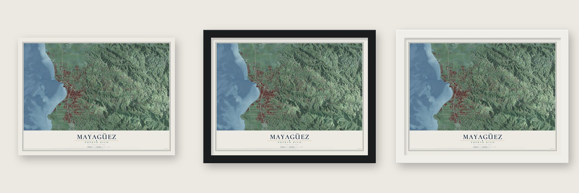 Mayagüez, Puerto Rico map unframed, in a black wood frame and in a white wood frame