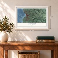 Mayagüez, Puerto Rico map, 12 x 18 inch print in a white frame in an entryway