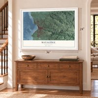 Mayagüez, Puerto Rico map, 24 x 36 inch print in a white frame above a dresser by a staircase