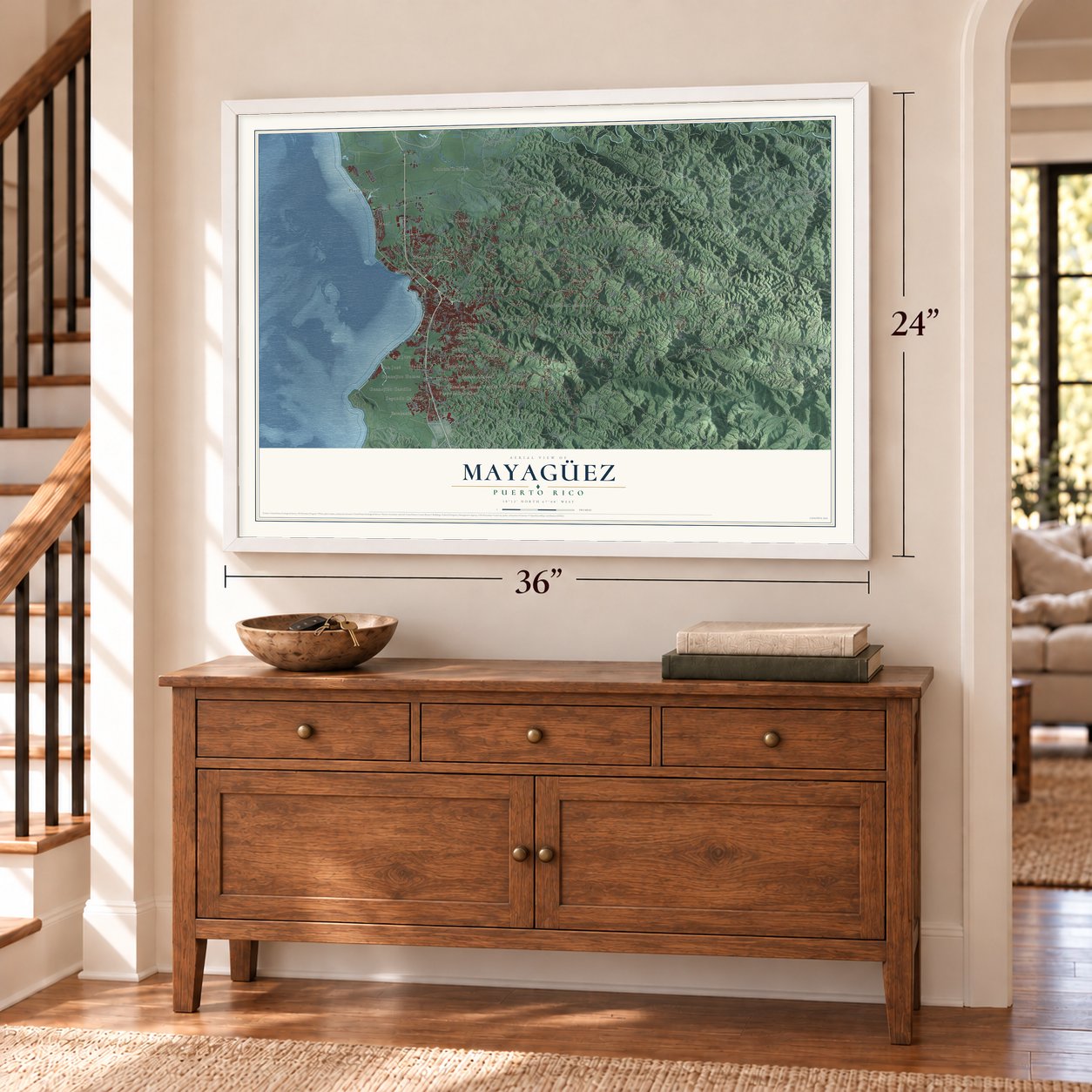 Mayagüez, Puerto Rico map, 24 x 36 inch print in a white frame above a dresser by a staircase