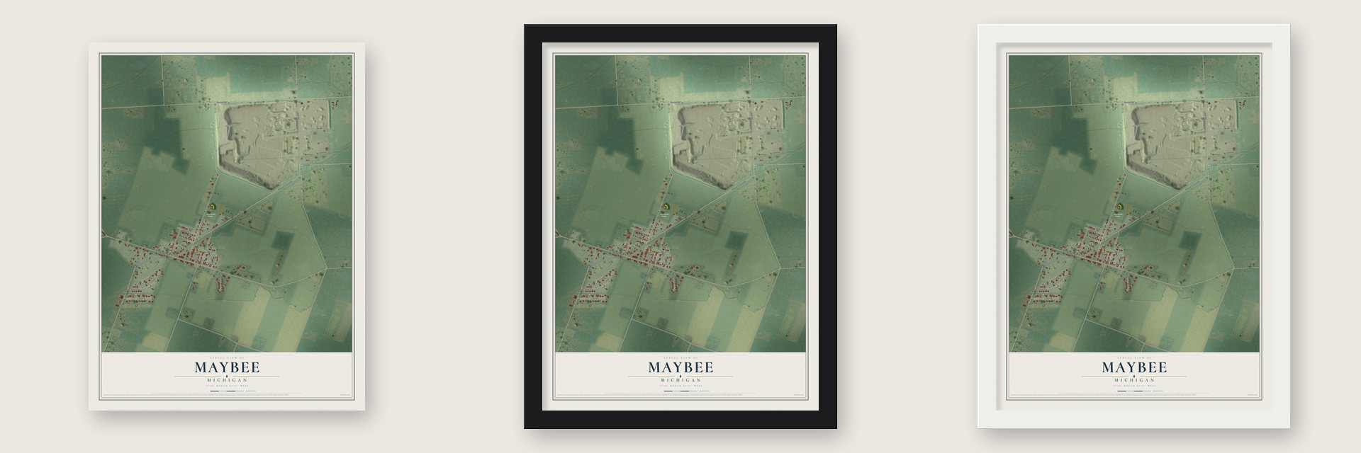 Maybee, Michigan map unframed, in a black wood frame and in a white wood frame