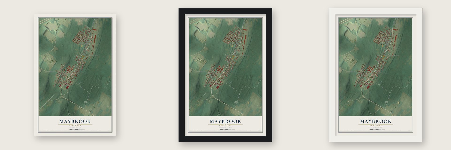 Maybrook, New York map unframed, in a black wood frame and in a white wood frame