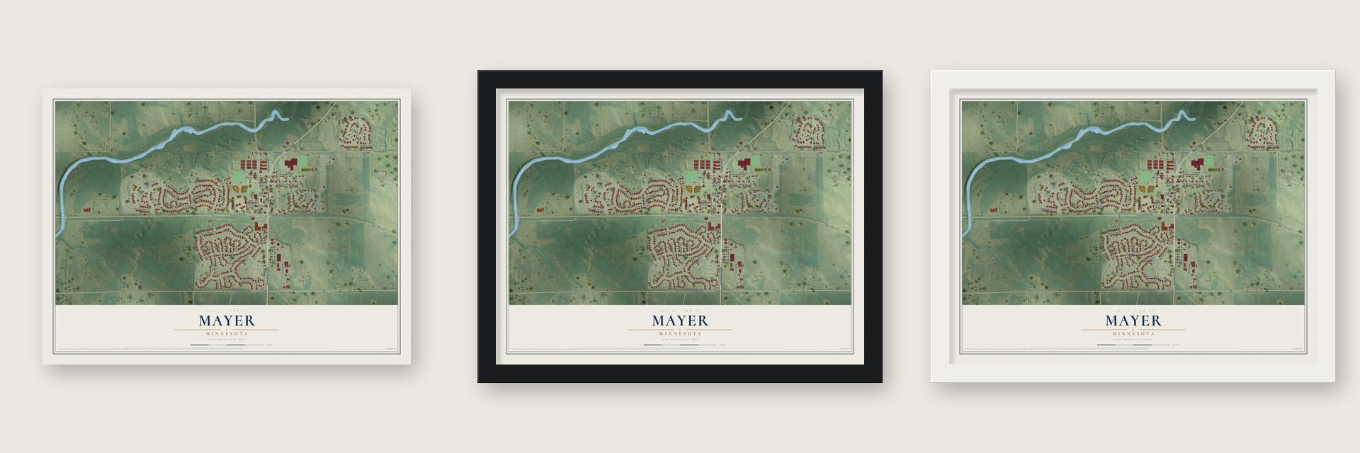 Mayer, Minnesota map unframed, in a black wood frame and in a white wood frame