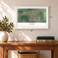 Mayer, Minnesota map, 12 x 18 inch print in a white frame in an entryway