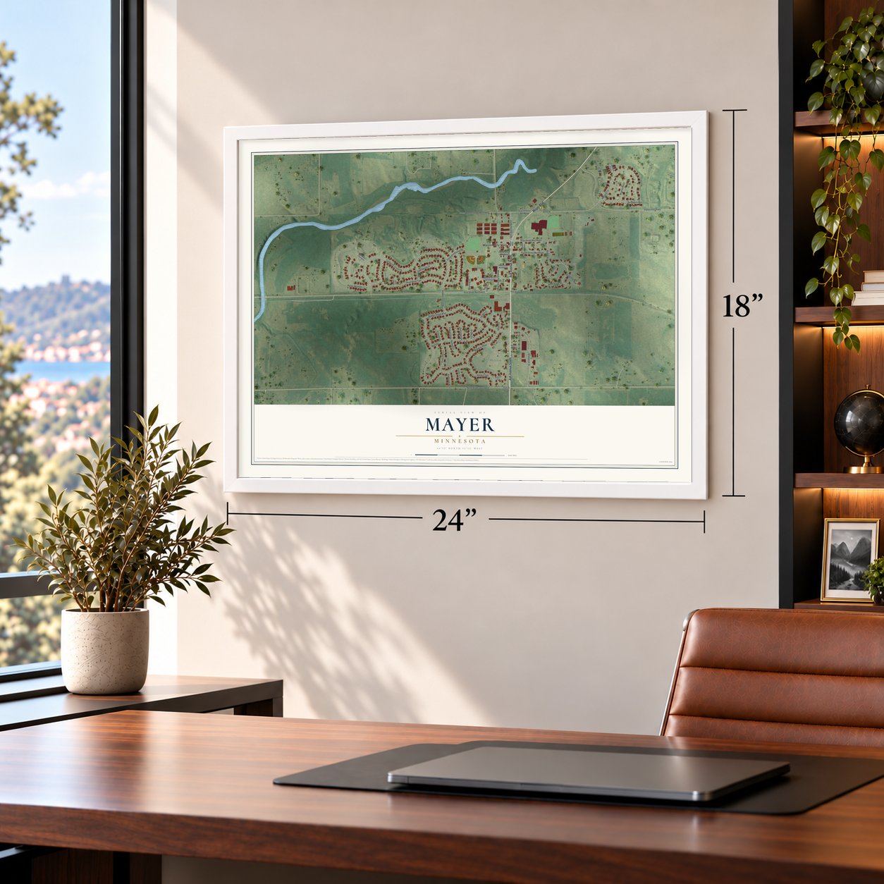 Mayer, Minnesota map, 18 x 24 inch print in a white frame in a home office