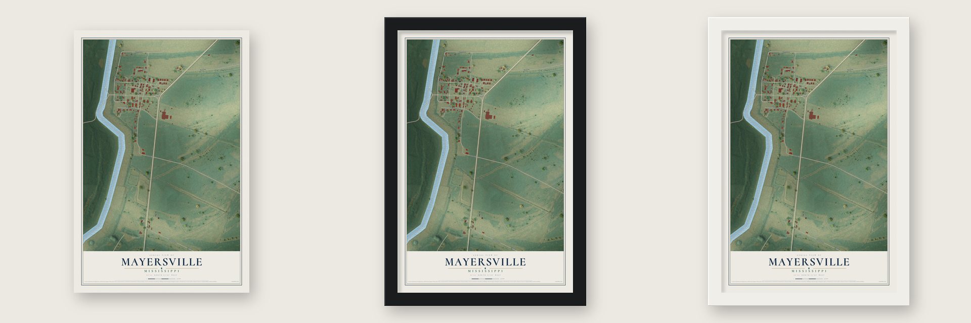Mayersville, Mississippi map unframed, in a black wood frame and in a white wood frame