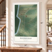 Mayersville, Mississippi map, 24 x 36 inch print in a white frame by a staircase
