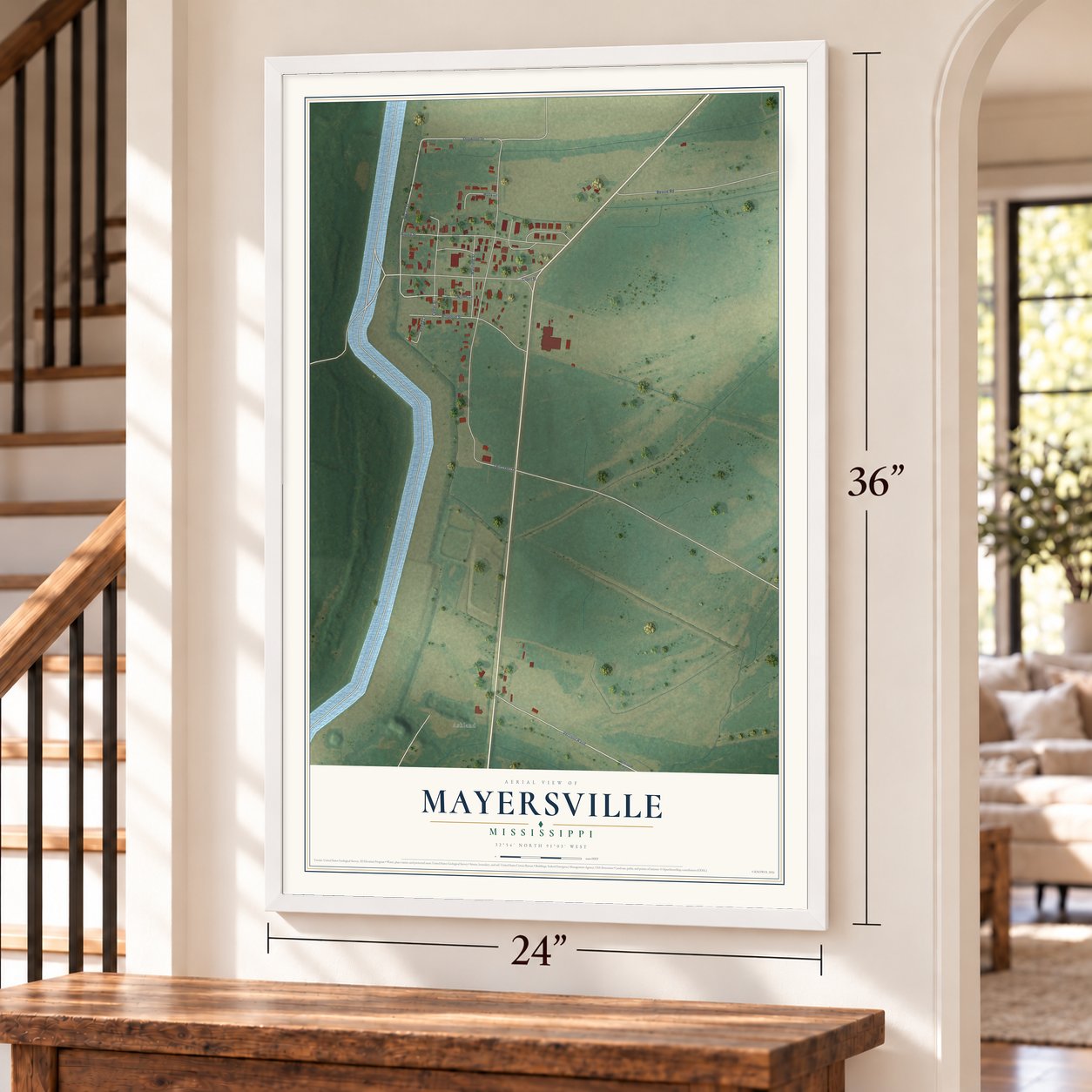 Mayersville, Mississippi map, 24 x 36 inch print in a white frame by a staircase