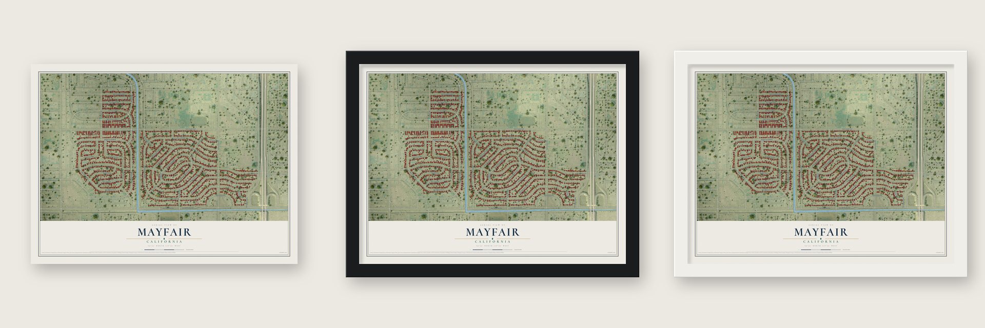 Mayfair, California map unframed, in a black wood frame and in a white wood frame
