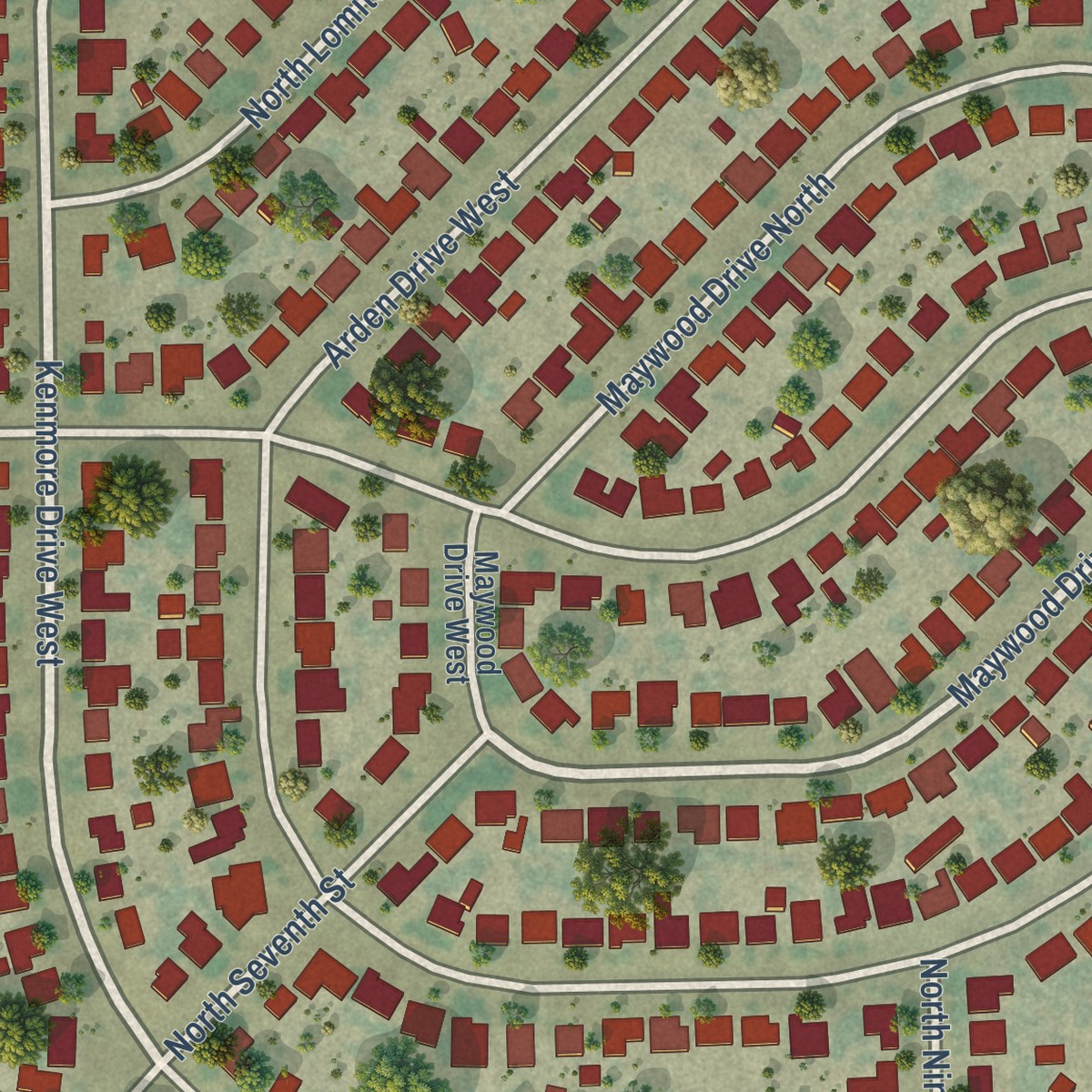 Second close-up of the map of Mayfair, California print showing more streets and buildings