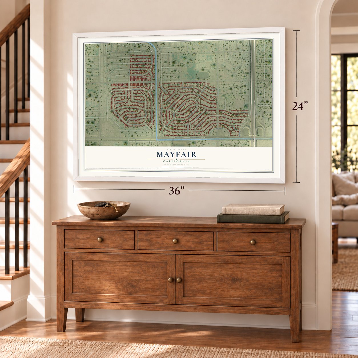 Mayfair, California map, 24 x 36 inch print in a white frame above a dresser by a staircase