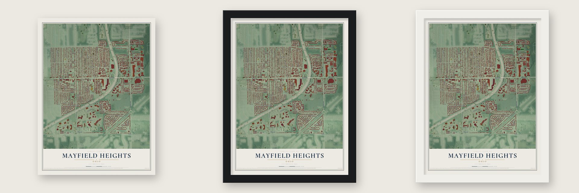 Mayfield Heights, Ohio map unframed, in a black wood frame and in a white wood frame