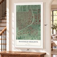 Mayfield Heights, Ohio map, 24 x 36 inch print in a white frame by a staircase