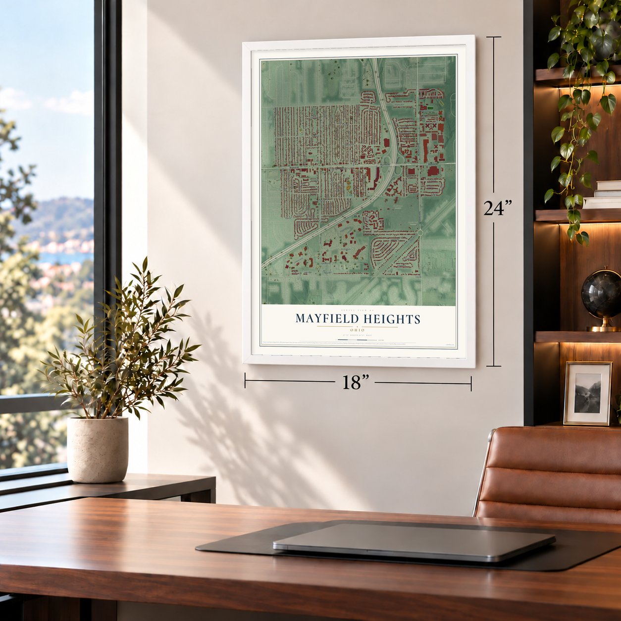 Mayfield Heights, Ohio map, 18 x 24 inch print in a white frame in a home office