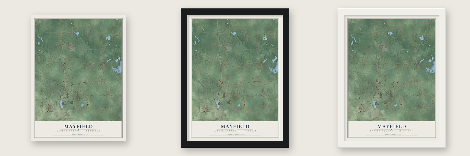 Mayfield, Lapeer County, Michigan map unframed, in a black wood frame and in a white wood frame