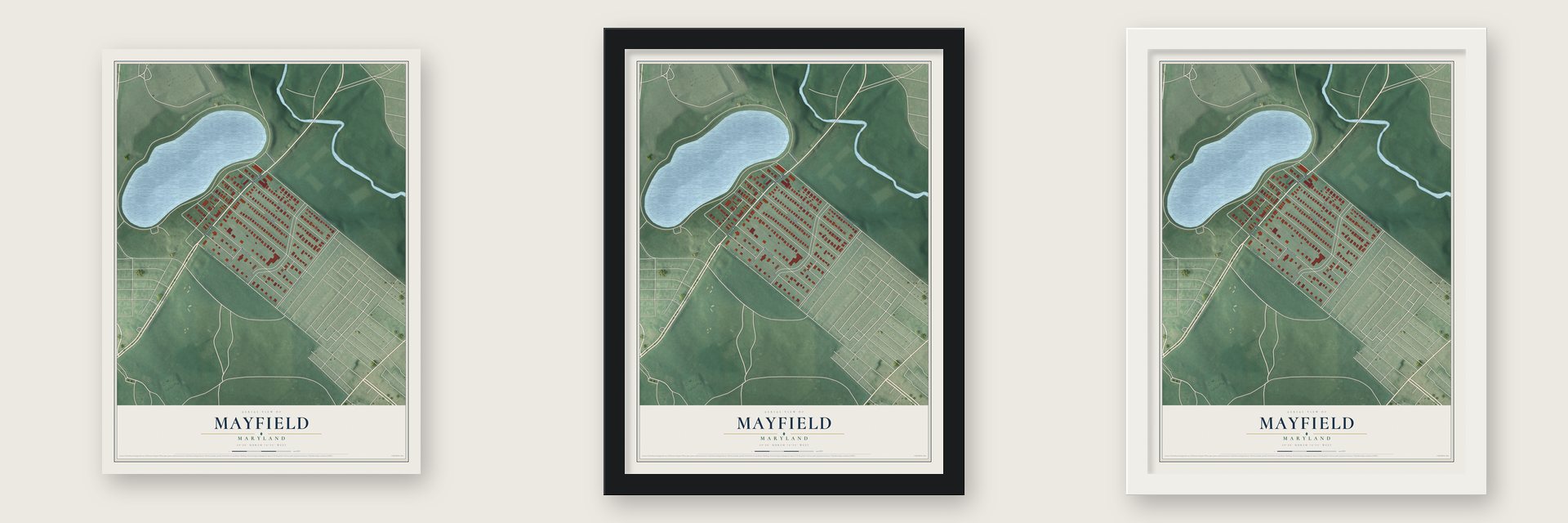 Mayfield, Maryland map unframed, in a black wood frame and in a white wood frame