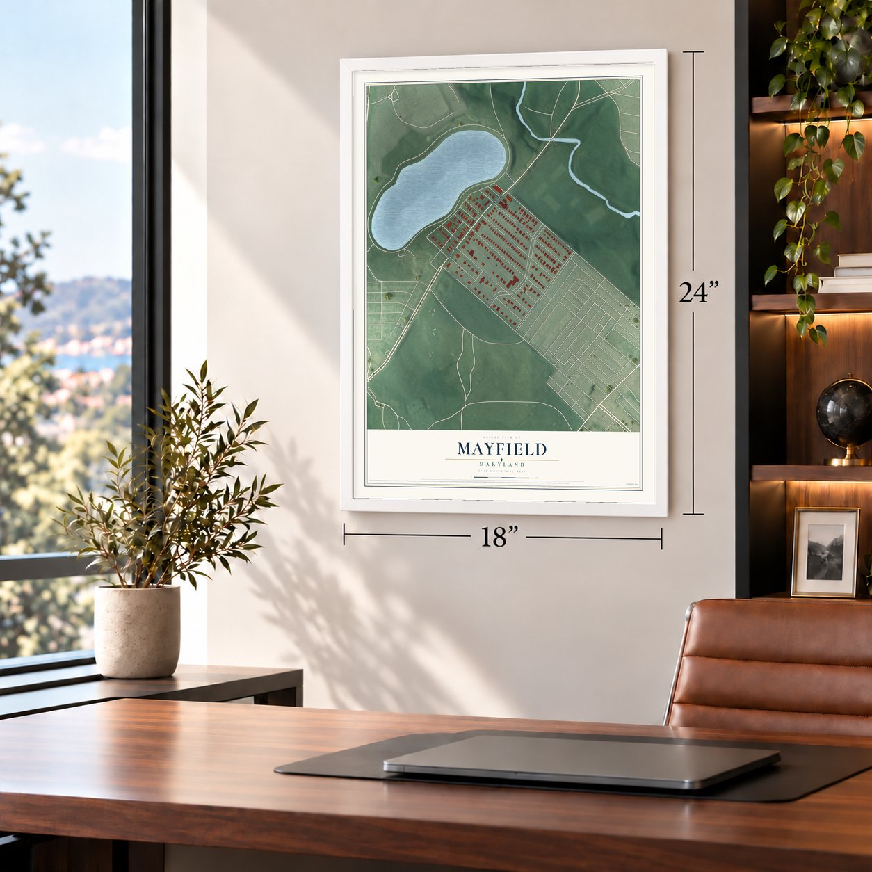 Mayfield, Maryland map, 18 x 24 inch print in a white frame in a home office