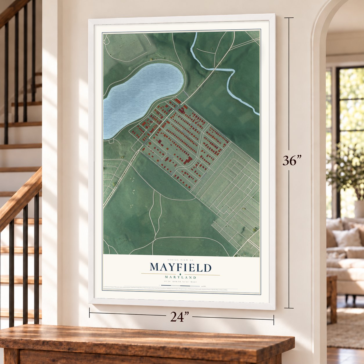 Mayfield, Maryland map, 24 x 36 inch print in a white frame by a staircase