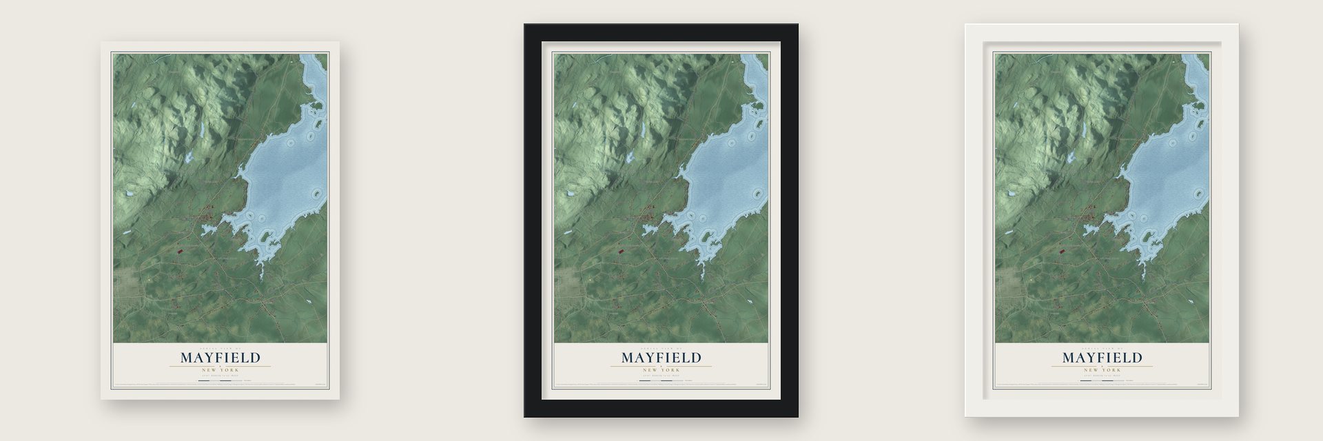 Mayfield, New York map unframed, in a black wood frame and in a white wood frame
