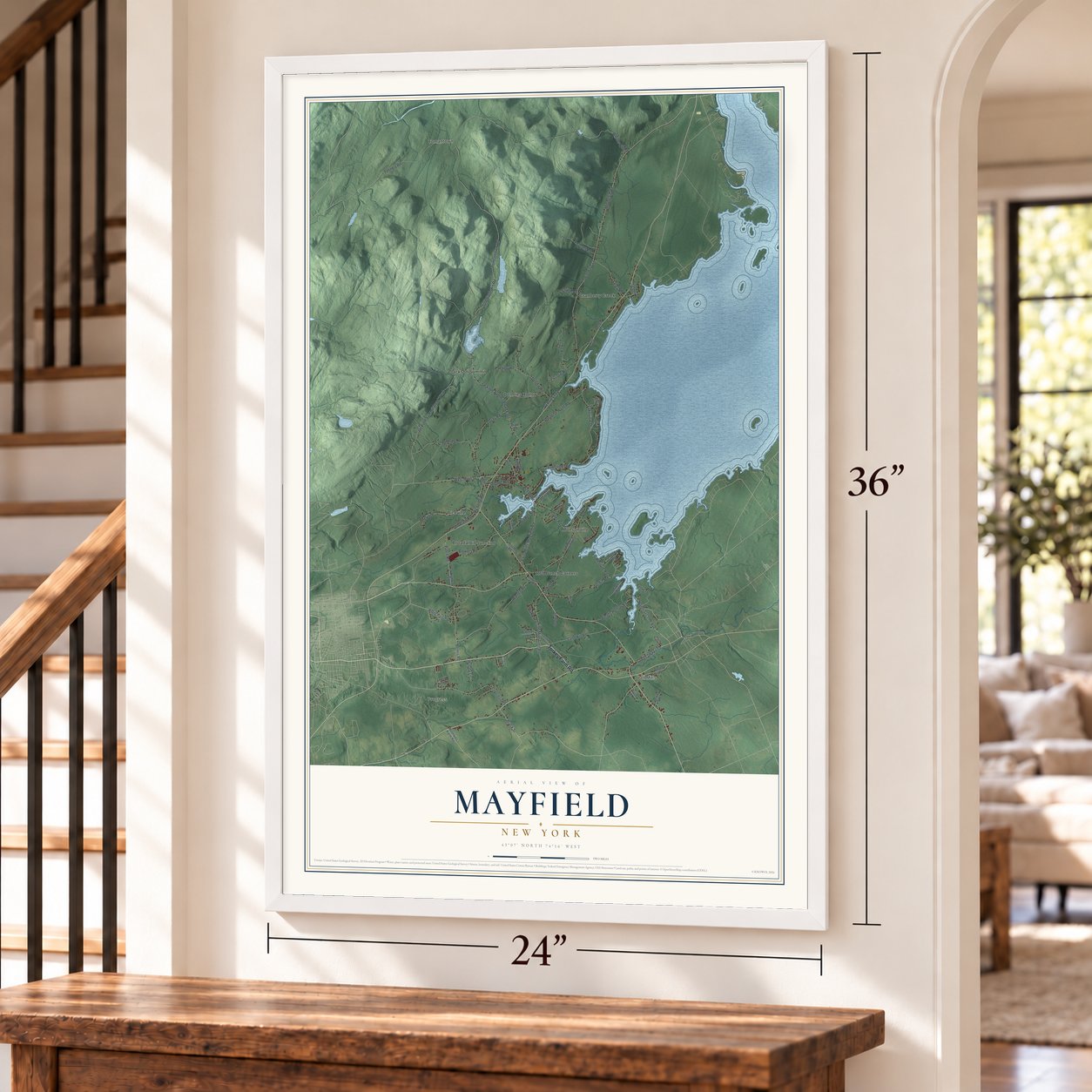 Mayfield, New York map, 24 x 36 inch print in a white frame by a staircase