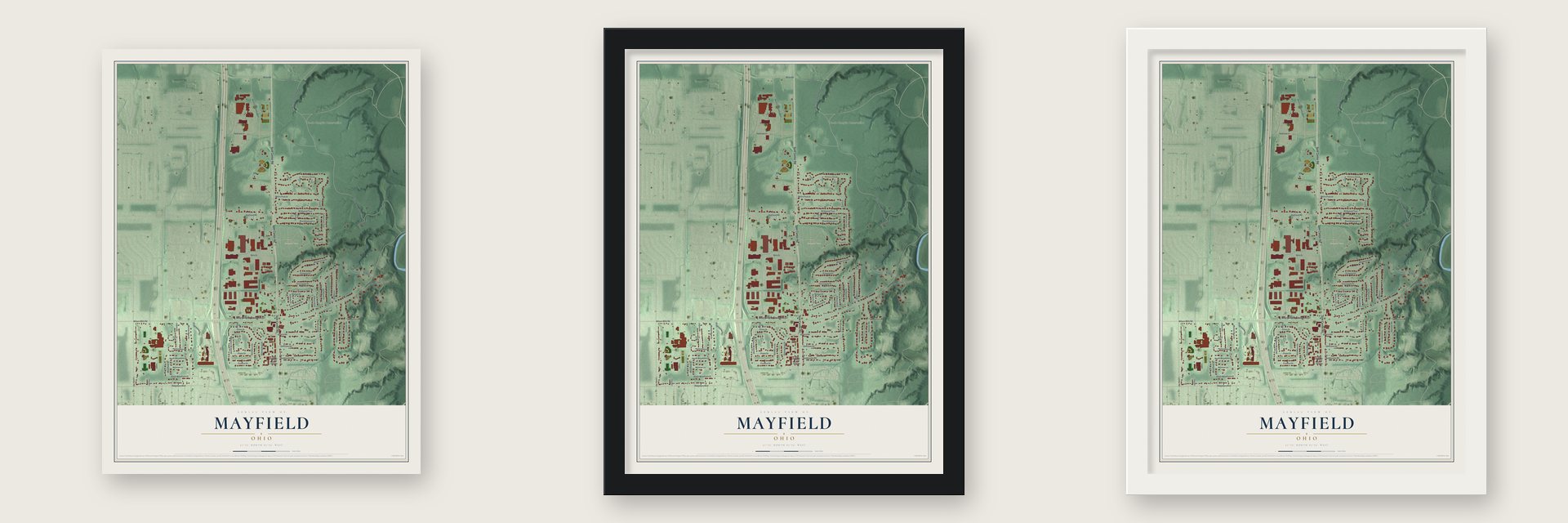 Mayfield, Ohio map unframed, in a black wood frame and in a white wood frame