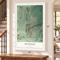 Mayfield, Ohio map, 24 x 36 inch print in a white frame by a staircase