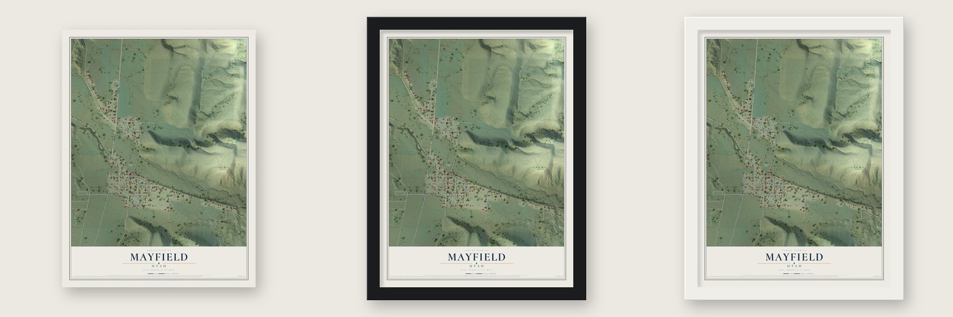 Mayfield, Utah map unframed, in a black wood frame and in a white wood frame