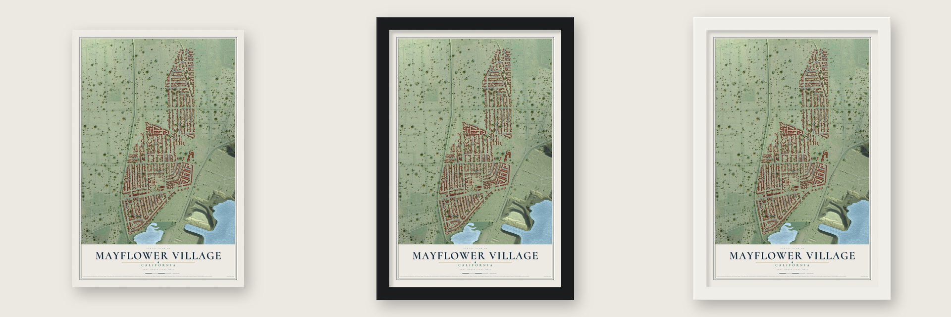 Mayflower Village, California map unframed, in a black wood frame and in a white wood frame
