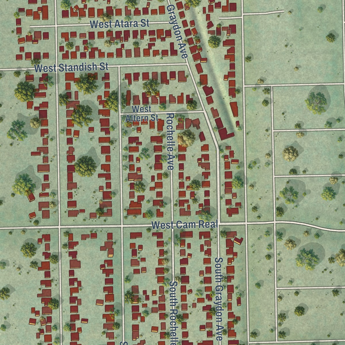 Second close-up of the map of Mayflower Village, California print showing more streets and buildings