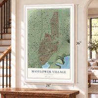 Mayflower Village, California map, 24 x 36 inch print in a white frame by a staircase