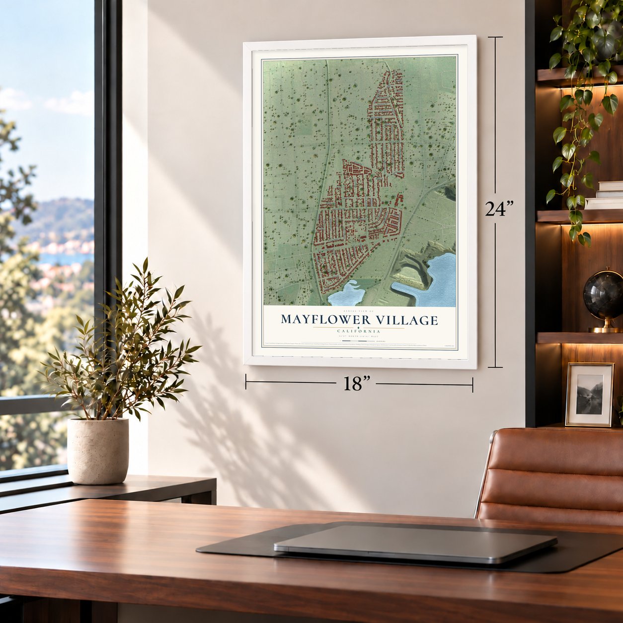 Mayflower Village, California map, 18 x 24 inch print in a white frame in a home office