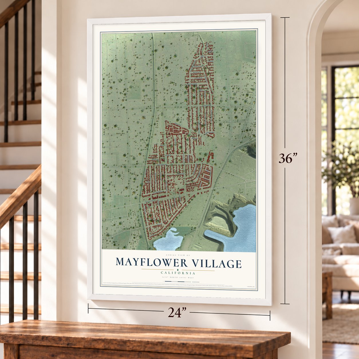 Mayflower Village, California map, 24 x 36 inch print in a white frame by a staircase