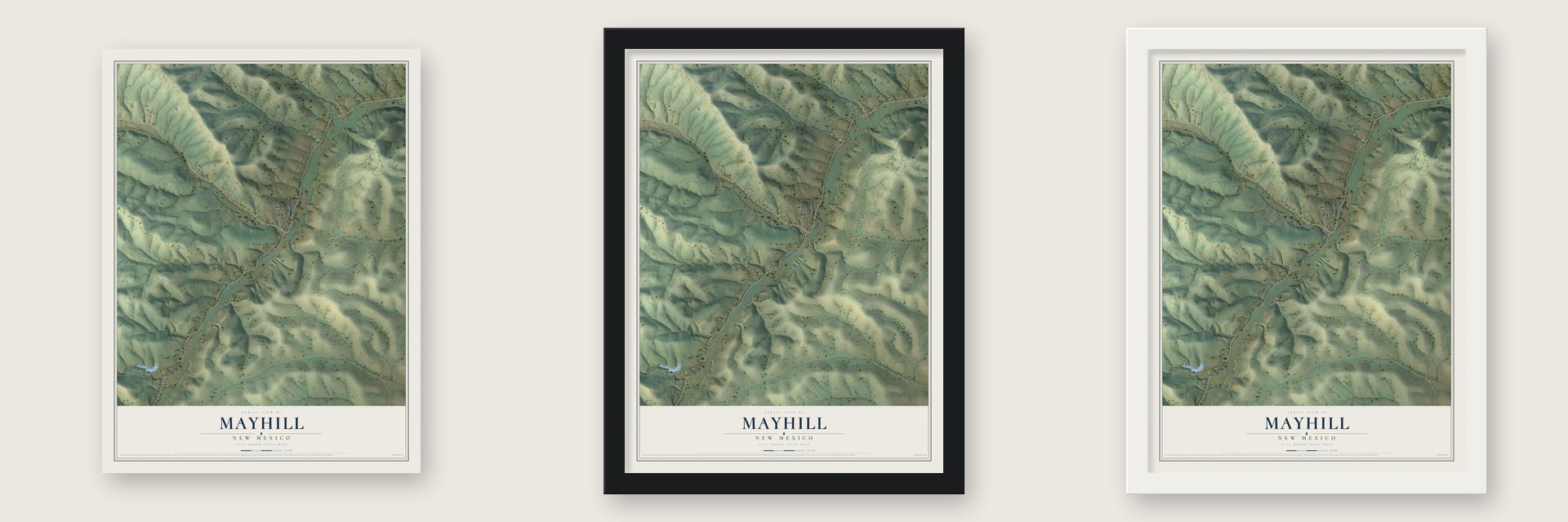 Mayhill, New Mexico map unframed, in a black wood frame and in a white wood frame