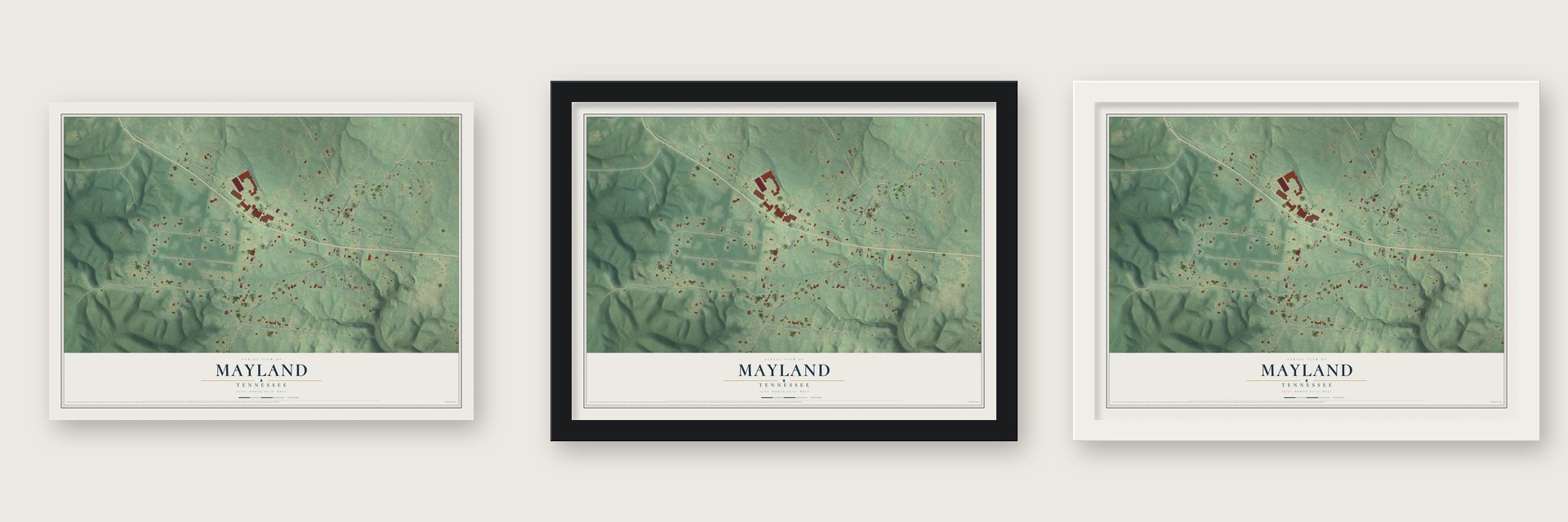 Mayland, Tennessee map unframed, in a black wood frame and in a white wood frame