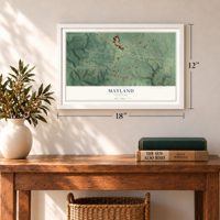 Mayland, Tennessee map, 12 x 18 inch print in a white frame in an entryway
