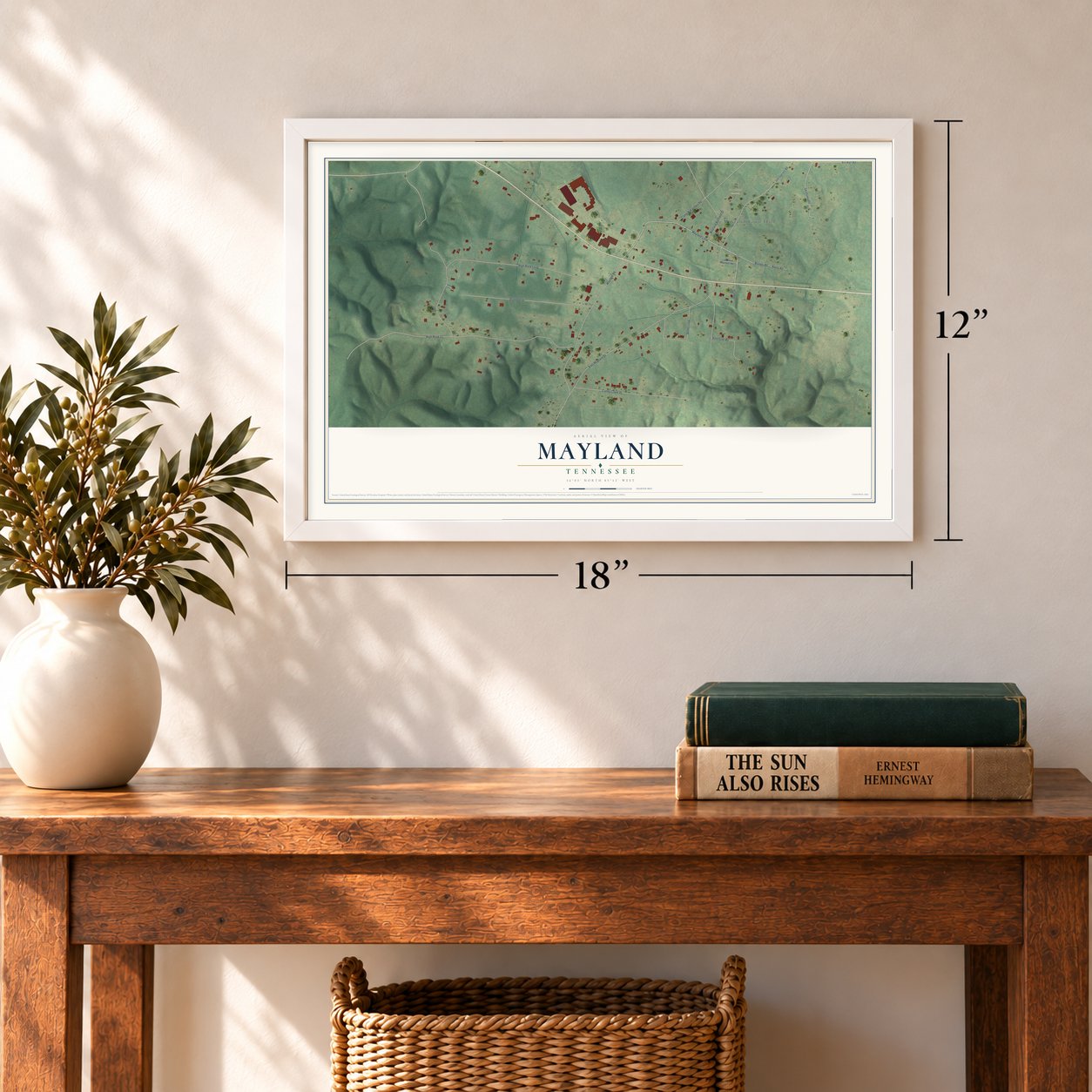 Mayland, Tennessee map, 12 x 18 inch print in a white frame in an entryway