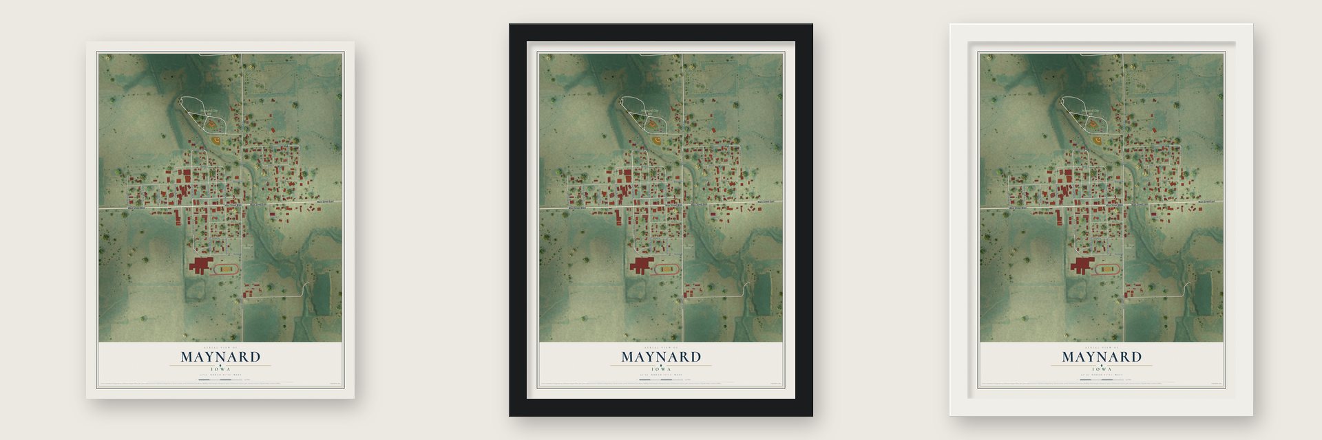 Maynard, Iowa map unframed, in a black wood frame and in a white wood frame