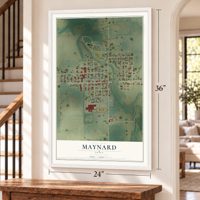 Maynard, Iowa map, 24 x 36 inch print in a white frame by a staircase