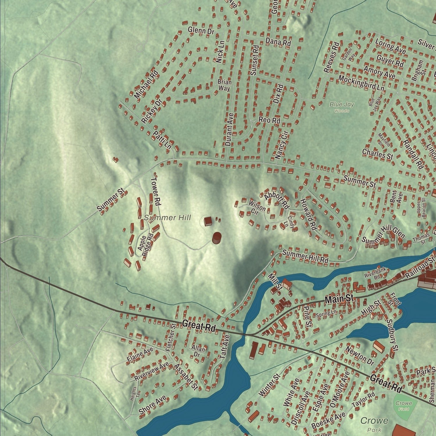Close-up of the map of Maynard, Massachusetts print showing terrain and local geography