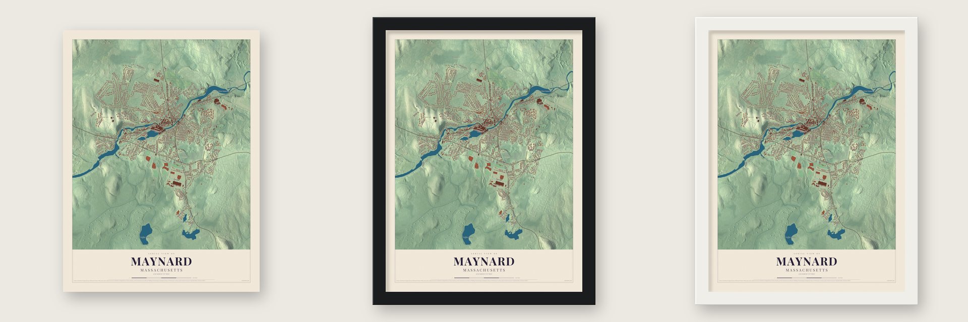 Maynard, Massachusetts map unframed, in a black wood frame and in a white wood frame