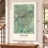 Maynard, Massachusetts map, 24 x 36 inch print in a white frame by a staircase
