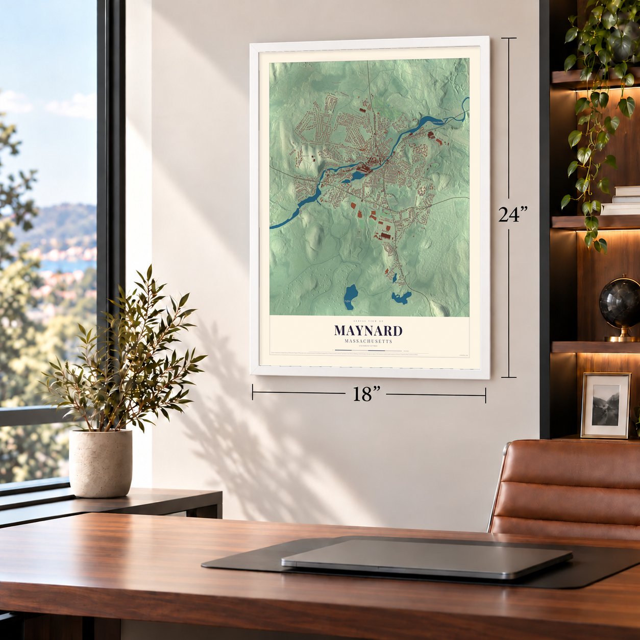 Maynard, Massachusetts map, 18 x 24 inch print in a white frame in a home office