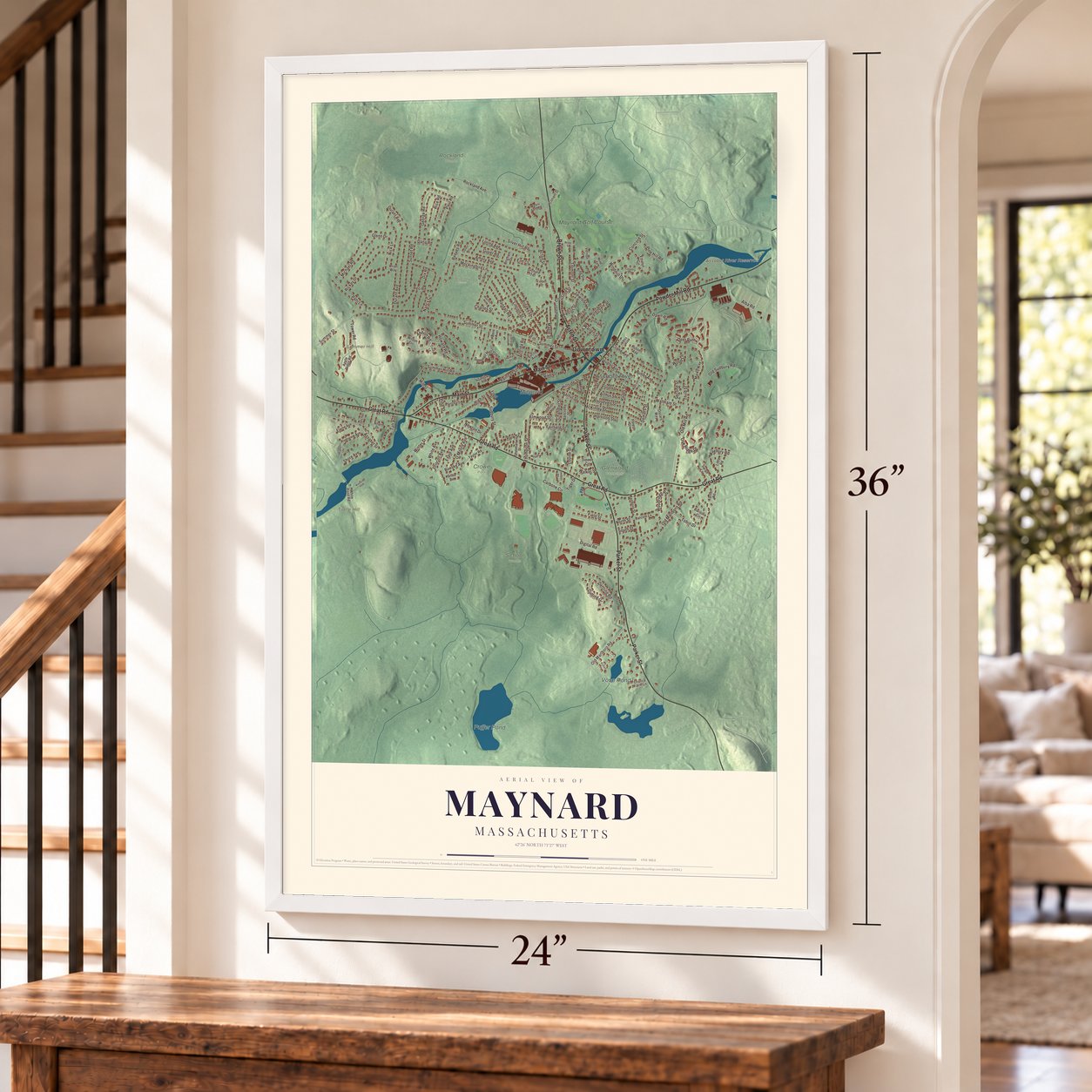 Maynard, Massachusetts map, 24 x 36 inch print in a white frame by a staircase