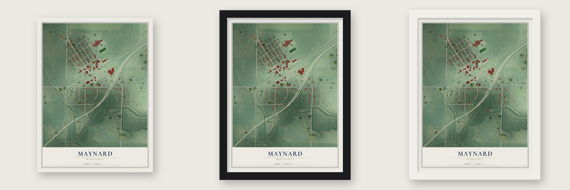 Maynard, Minnesota map unframed, in a black wood frame and in a white wood frame