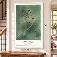 Maynard, Minnesota map, 24 x 36 inch print in a white frame by a staircase