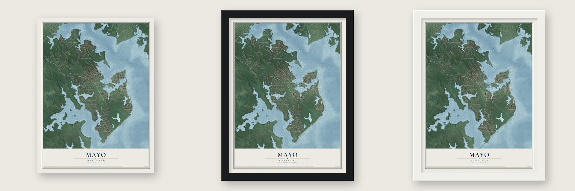 Mayo, Maryland map unframed, in a black wood frame and in a white wood frame
