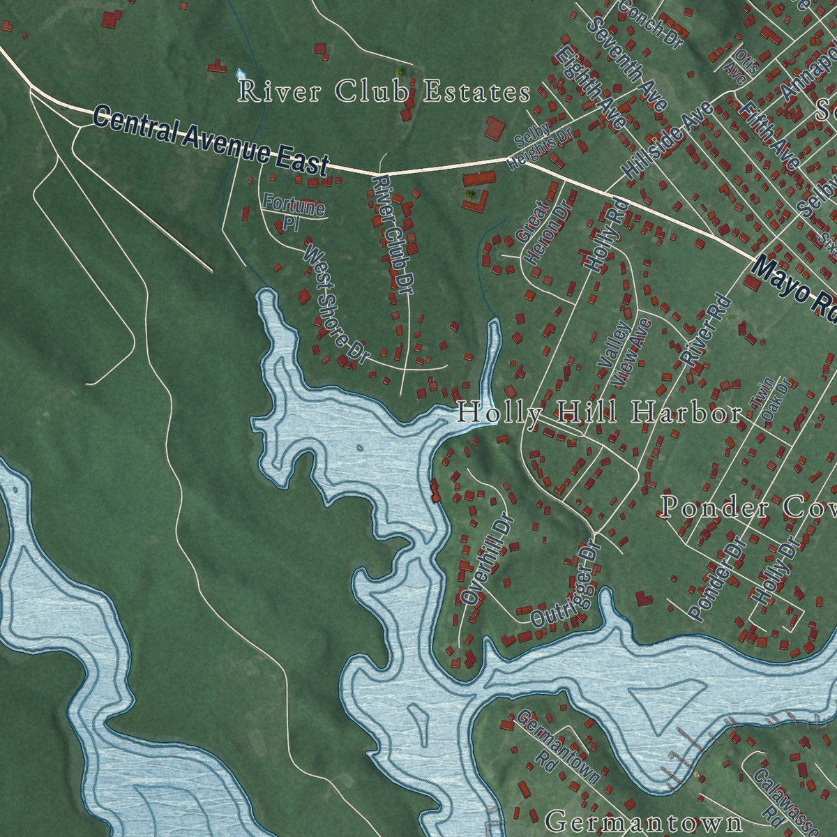 Second close-up of the map of Mayo, Maryland print showing more streets and buildings