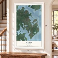 Mayo, Maryland map, 24 x 36 inch print in a white frame by a staircase