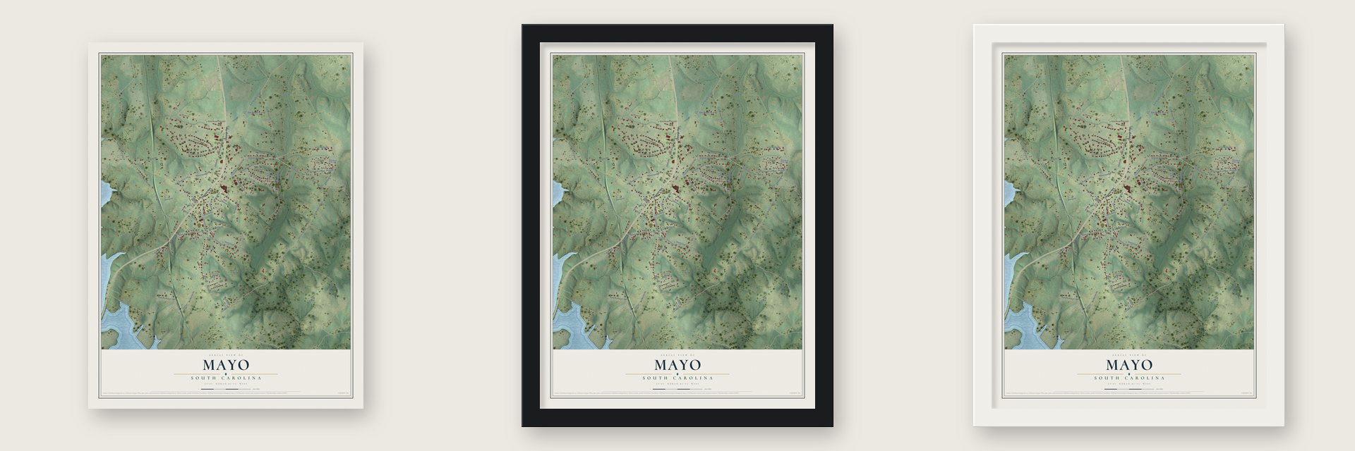 Mayo, South Carolina map unframed, in a black wood frame and in a white wood frame