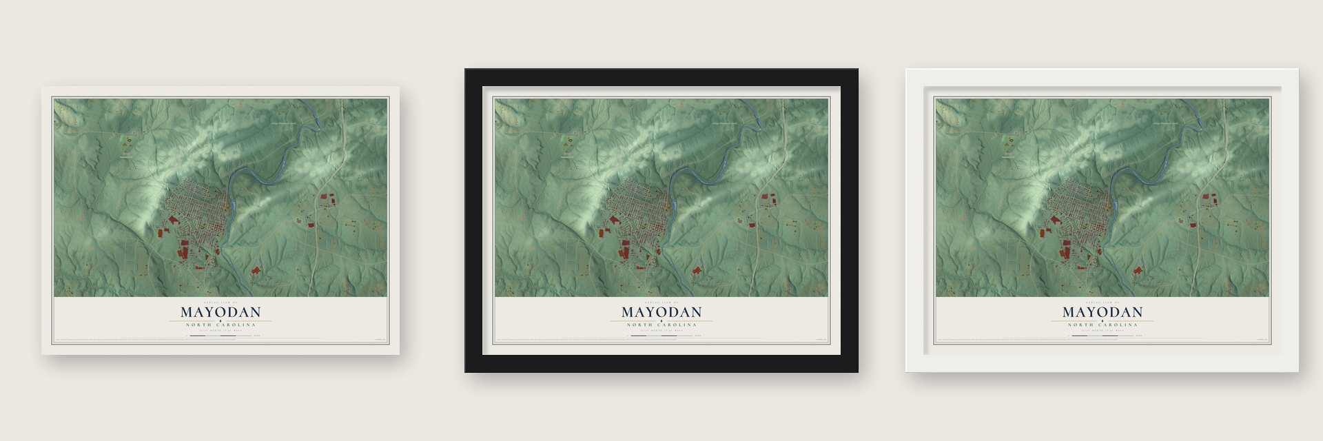 Mayodan, North Carolina map unframed, in a black wood frame and in a white wood frame